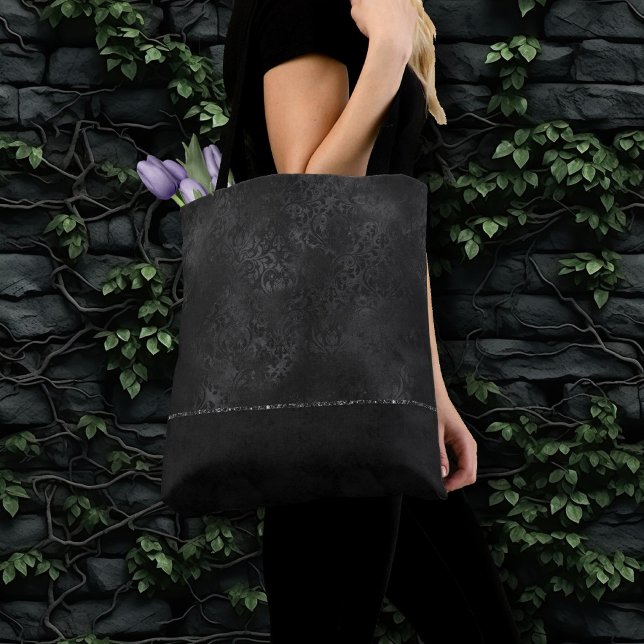 Tote Bag Minuit Onyx Romance | Black Satiny Grunge Damask (Créateur téléchargé)