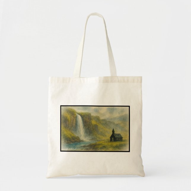 Tote Bag Misty Islande Cascade et église, Land nordique (Devant)