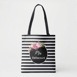 Tote Bag Mme avec Grilles et Fleurs Noir & Blanc Personnali