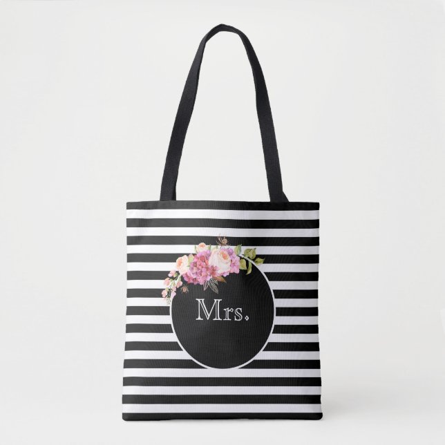 Tote Bag Mme avec rayures noires et blanches et fleurs (Devant)