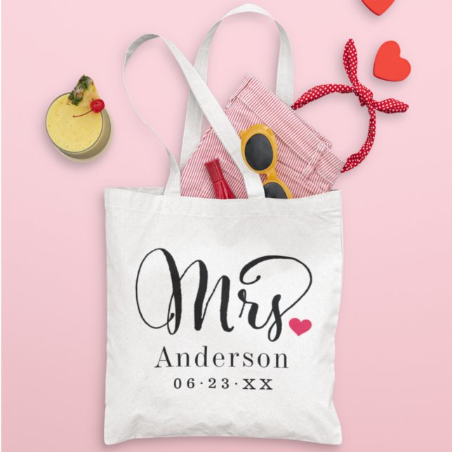 Tote Bag Mme Elegant Script Coeur personnalisé mariage Mono (Créateur téléchargé)