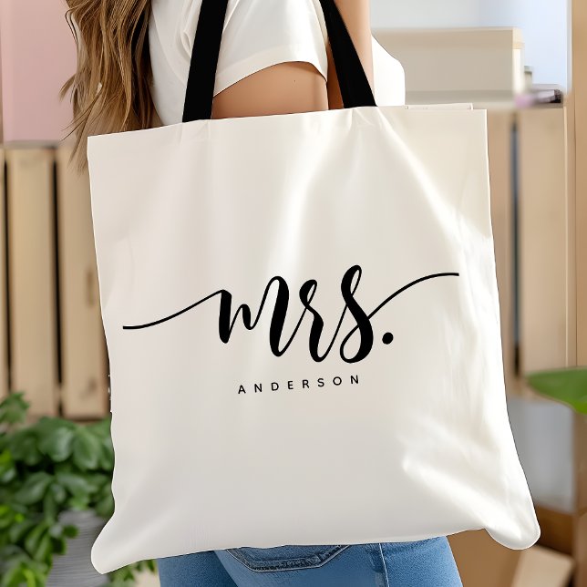 Tote Bag Mme Noir Blanc Nouveau Marié Script Personnalisé (Créateur téléchargé)