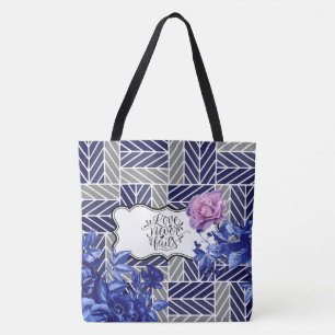 Tote Bag Mode florale géométrique bleu/gris Fourre-tout