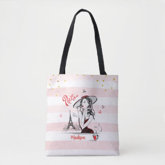 Tote Bag Mode personnalisée Fille Paris Croquis rose