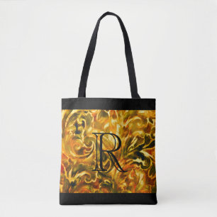 Tote Bag Modèle de Damas de rouille vert or avec Monogramme
