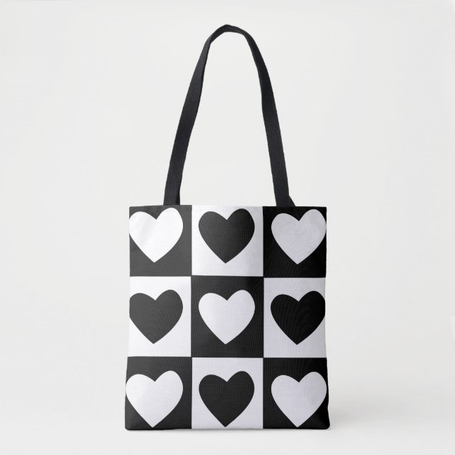 Tote Bag Modèle de la Saint-Valentin à coeurs noir et blanc (Devant)
