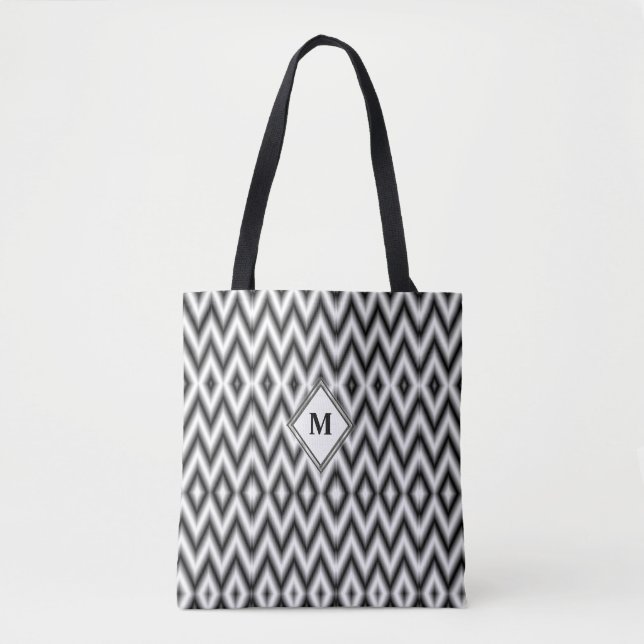 Tote Bag Modèle de Motif de Monogramme noir blanc gris (Devant)