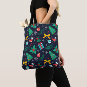 Tote Bag Modèle de Noël Arbres verts, Flocons, Chaussettes