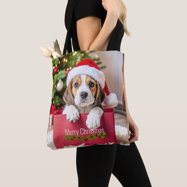 Tote Bag Modèle de Noël avec chiot Beagle, (De près)