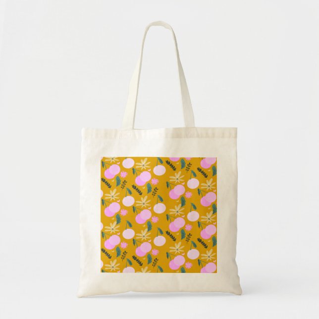 Tote Bag Modèle de verdure florale cerise jaune rose    (Devant)