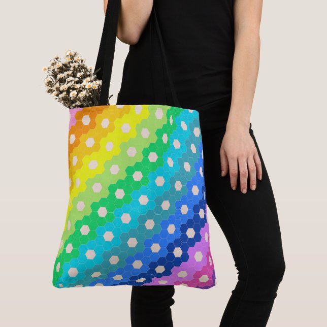Tote Bag Modèle floral Hexagon géométrique arc-en-ciel vibr (De près)
