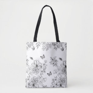 Tote Bag Modèle floral noir et blanc minimaliste moderne