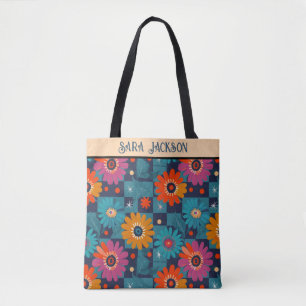 Tote Bag Modèle floral rétro vibrant avec Carrés Turquoises