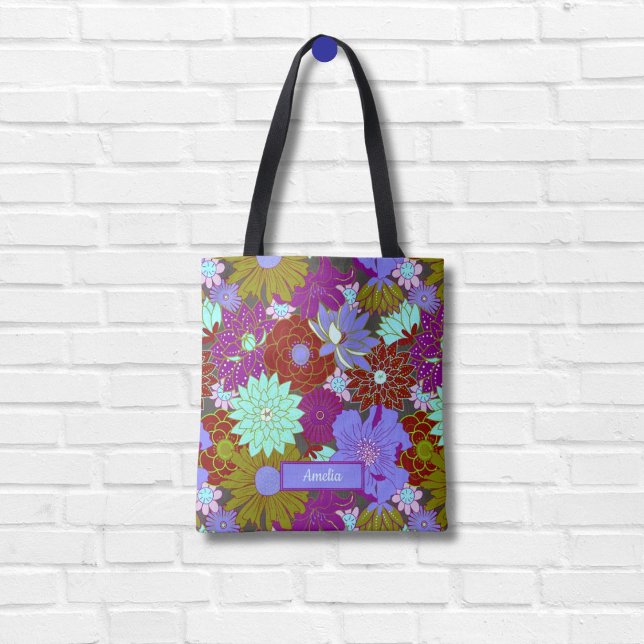 Tote Bag Modèle floral vert pourpre gras et nom personnalis (Créateur téléchargé)