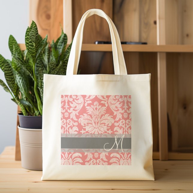 Tote Bag Modèle moderne dentelle Damas - Corail et gris (Personalized tote bag - lace and name)