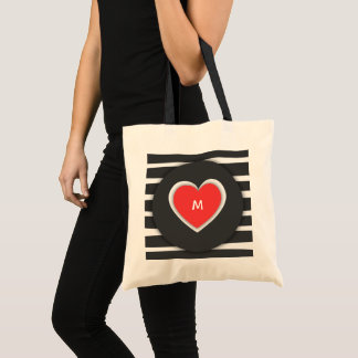 Tote Bag Modern Black and White Striped Red Heart Monogram