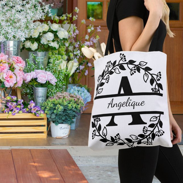 Tote Bag Modern Black Floral Wreath Split Monogram "A" (Créateur téléchargé)