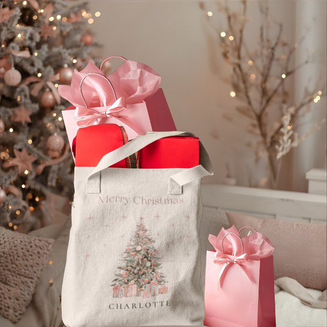 Tote Bag Modern Blush Christmas Tree Personalized Holiday  (Créateur téléchargé)