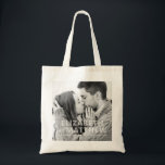 Tote Bag Modern Bold & Fun Typography Custom Photo Wedding<br><div class="desc">Add a custom photo. Photo filter is applied. Date is bold serif typography. Bride-to-be and Groom-to-be names are in sans serif typography.</div>
