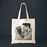 Tote Bag Modern Bold & Fun Typography Custom Photo Wedding<br><div class="desc">Add a custom photo. Photo filter is applied. Date is bold serif typography. Bride-to-be and Groom-to-be names are in sans serif typography.</div>