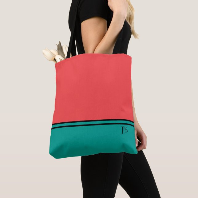 Tote Bag Modern Coral and Aquamarine Monogram (De près)