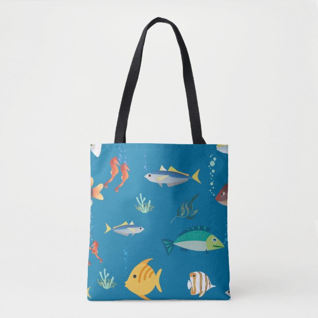 Tote Bag Modern Fish and Seahorse illustrated Pattern Blue (Devant)