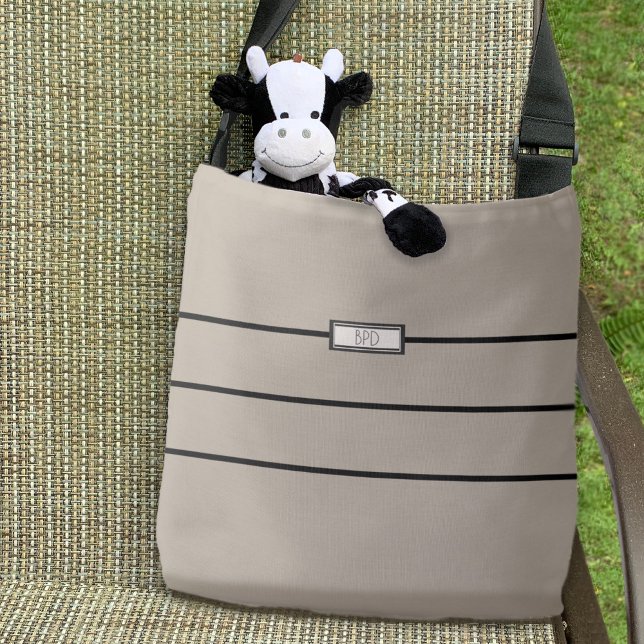 Tote Bag Modern Minimalist Stripe Monogrammed Taupe Black (Créateur téléchargé)