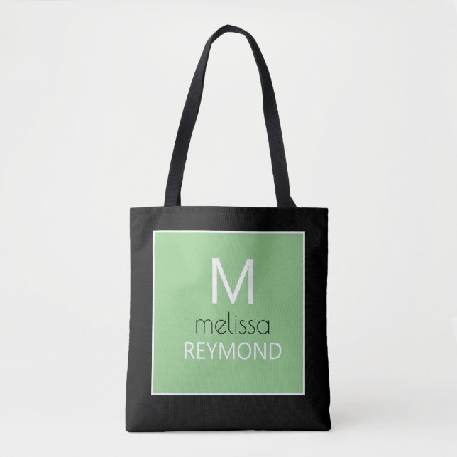 Tote Bag modern monogram sage green black (Devant)