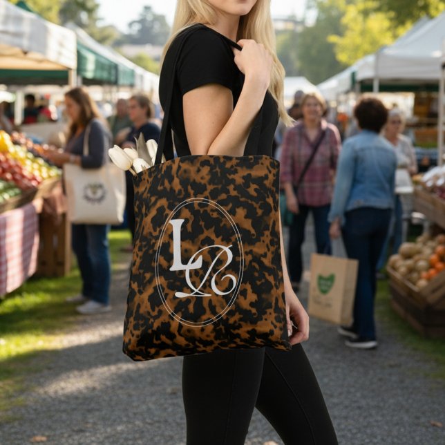 Tote Bag Modern Monogram Tortoise Shell Print (Add a touch of chic charm to your phone with this Elegant Typography Monogram Tortoise Shell Tote!)