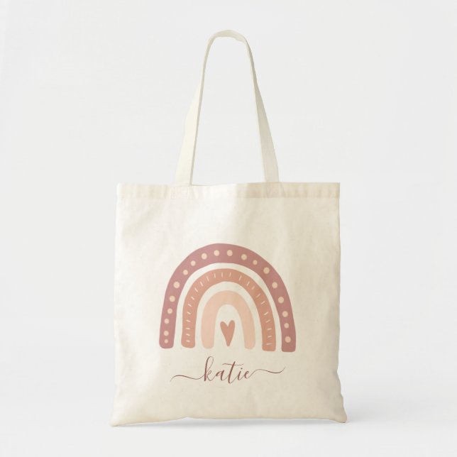Tote Bag Modern Pastel Pink Rainbow Boho Your Name (Devant)