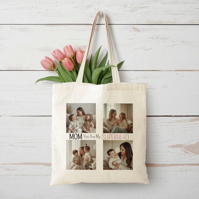 Tote Bag Modern Personalized Mom Superhero Photo Collage  (Créateur téléchargé)