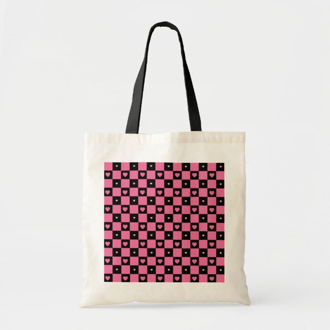 Tote Bag Modern Pink and Black Checker Pattern Girly Hearts (Devant)