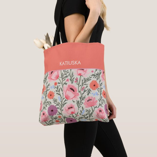 Tote Bag Modern Pink Wildflowers with Name (De près)