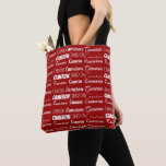 Tote Bag Modern Red Customized Name Collage<br><div class="desc">A modern personalized red allover tote bag gift for decorated in nine different fonts spelling your name in white typography. Cool customizable present for with fun cursive script.</div>