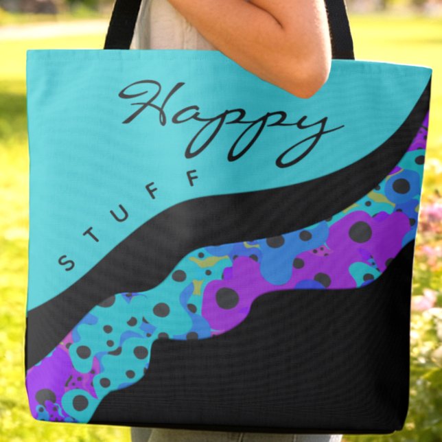 Tote Bag Modern Teal Black And Purple Wave (Teal, purple and blue with black dots and custom words make this bag fun to carry around anywhere)