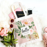 Tote Bag Modern Watercolor Pink Flowers & Hello & Nom<br><div class="desc">Modern Watercolor Pink Flowers & Hello & Nom</div>