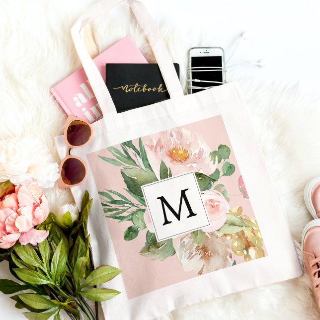 Tote Bag Modern Watercolor Pink Flowers Monogrammed  (Créateur téléchargé)
