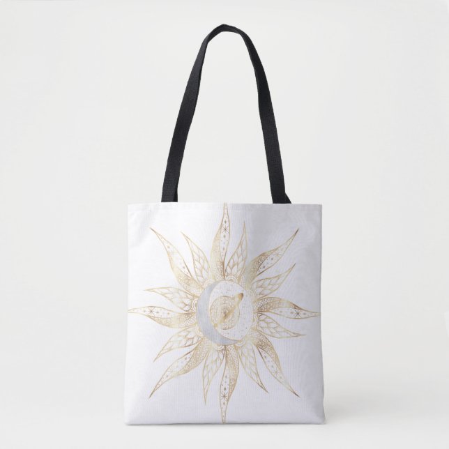 Tote Bag Modern White Gold Sun Moon Planet Universe Mandala (Devant)