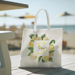 Tote Bag Modern Yellow Lemons Frame & Leaves With Name