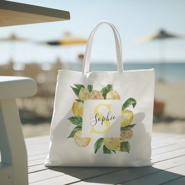 Tote Bag Modern Yellow Lemons Frame & Leaves With Name (Créateur téléchargé)