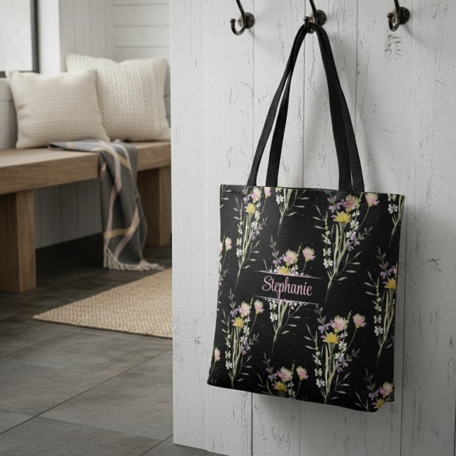 Tote Bag Moderne Black Floral Pays Fleurs sauvages Jeter Pi (Créateur téléchargé)