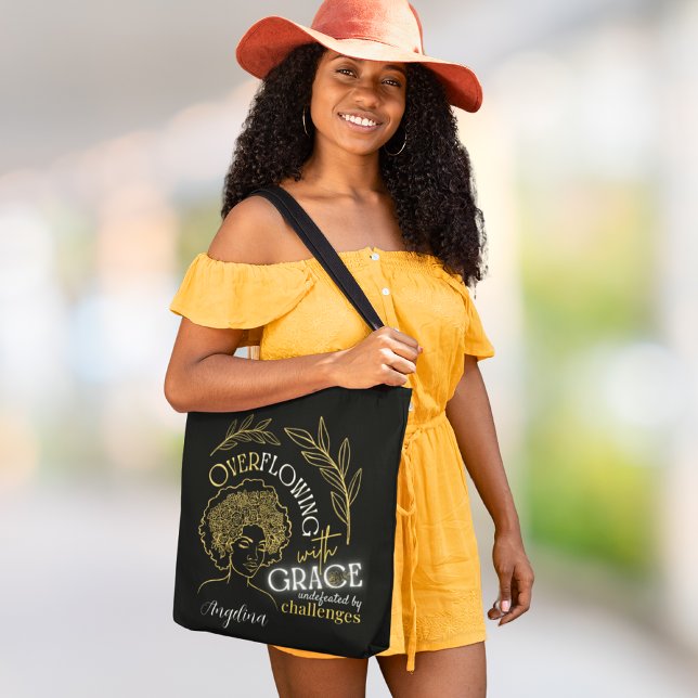 Tote Bag Moderne Black Gold Floral cheveux débordant grâce (Créateur téléchargé)