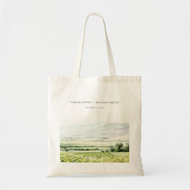 Tote Bag Moderne Chic Aquarelle Vignoble Paysage Mariage (Devant)