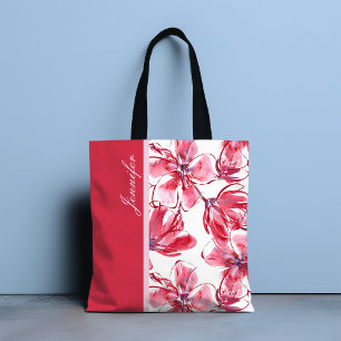 Tote Bag Moderne Chic Rouge Tropical Floral Nom personnalis