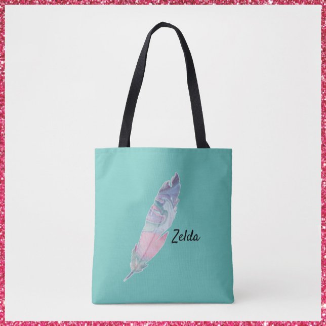 Tote Bag Moderne couleur turquoise et plume rose (Créateur téléchargé)
