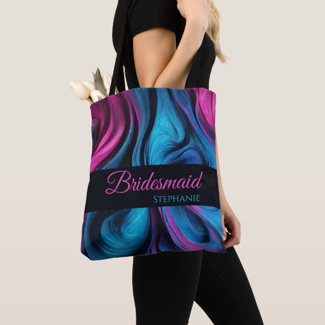Tote Bag Moderne Demoiselle d'honneur Abstrait-Bleu et Rose (De près)