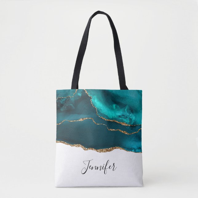 Tote Bag Moderne Design Turquoise Agate & Gold Ribbon sur B (Devant)