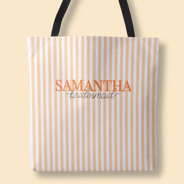 Tote Bag Moderne écriture rayée orange personnalisée pour d (Modern Orange Striped Script Custom Bridesmaid Tote Bag)