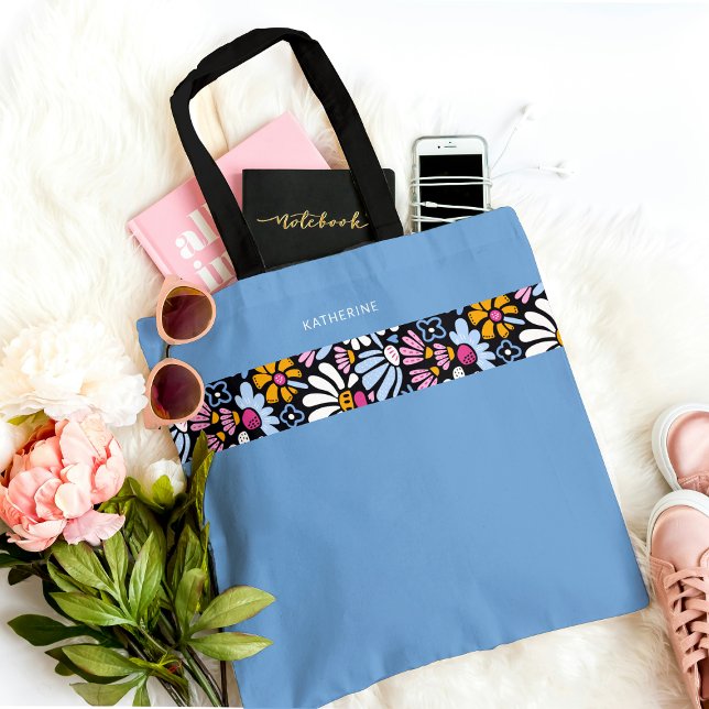 Tote Bag Moderne Élégant Bleu Floral Motif Tendance (Créateur téléchargé)