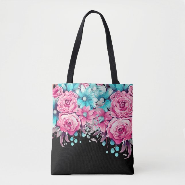 Tote Bag Moderne Elegant Festif Rose & Turquoise Floral Fou (Devant)